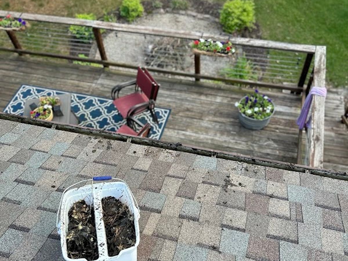 Roof debris scooped from a gutter into a bucket on the shingles during a Godvision Cleaning job